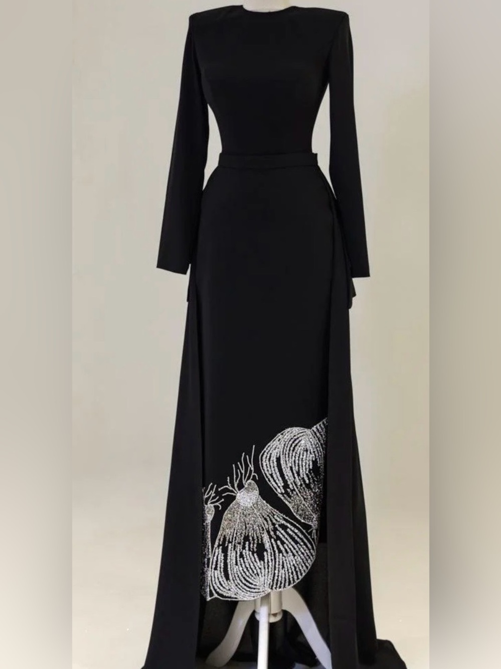 Black Long-Sleeve Maxi Dress with Silver Beaded Detail